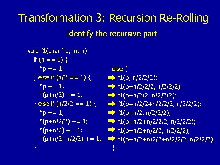 Transformation 3: Recursion Re-Rolling Identify the recursive part void f 1(char *p, int n)