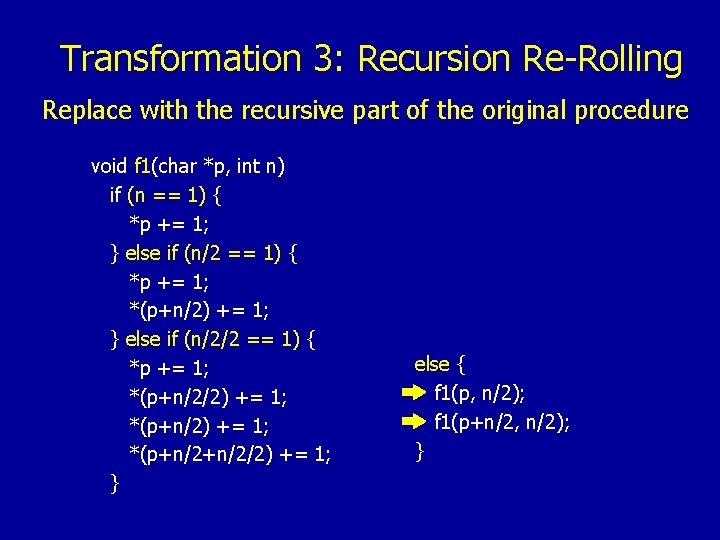 Transformation 3: Recursion Re-Rolling Replace with the recursive part of the original procedure void