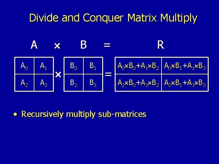 Divide and Conquer Matrix Multiply A A 0 A 1 A 2 A 3