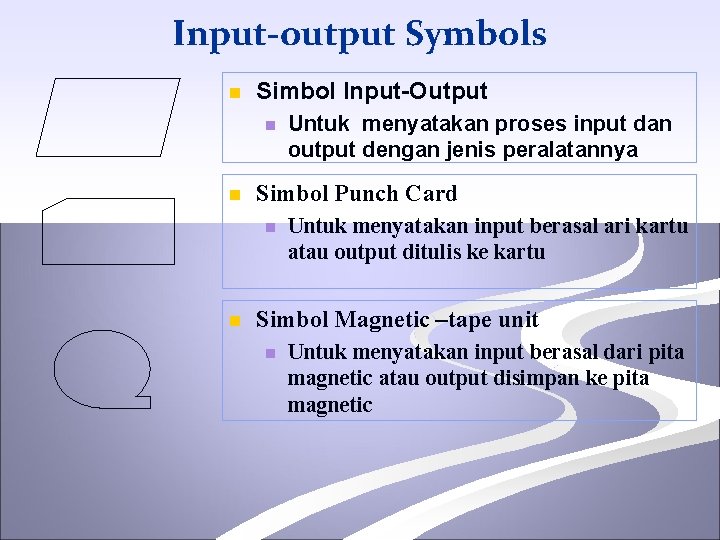 Input-output Symbols n Simbol Input-Output n n Simbol Punch Card n n Untuk menyatakan