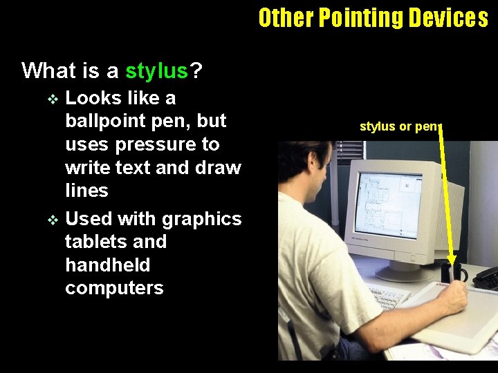 Other Pointing Devices What is a stylus? Looks like a ballpoint pen, but uses