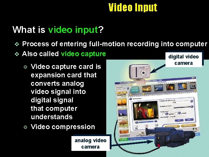 Video Input What is video input? Process of entering full-motion recording into computer v