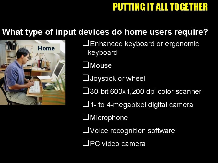 PUTTING IT ALL TOGETHER What type of input devices do home users require? q.