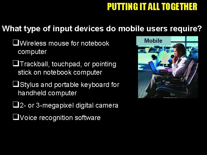 PUTTING IT ALL TOGETHER What type of input devices do mobile users require? q.