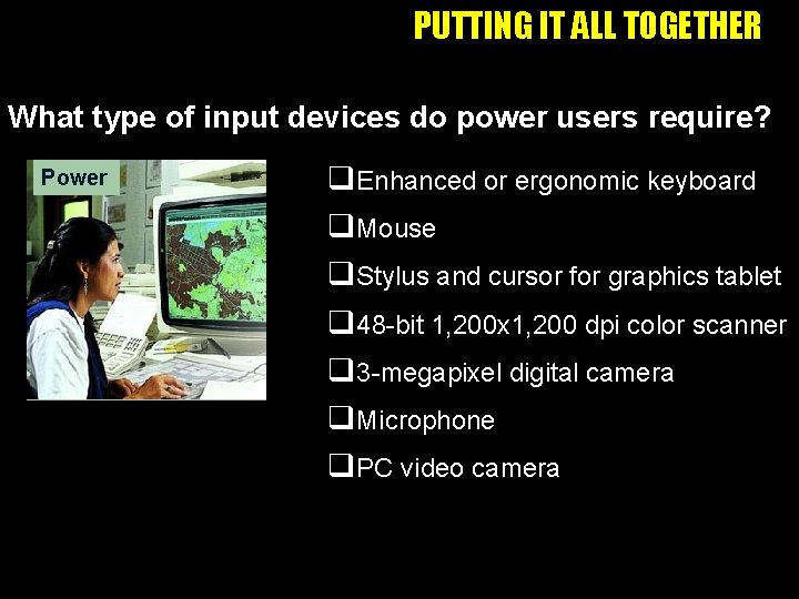 PUTTING IT ALL TOGETHER What type of input devices do power users require? Power