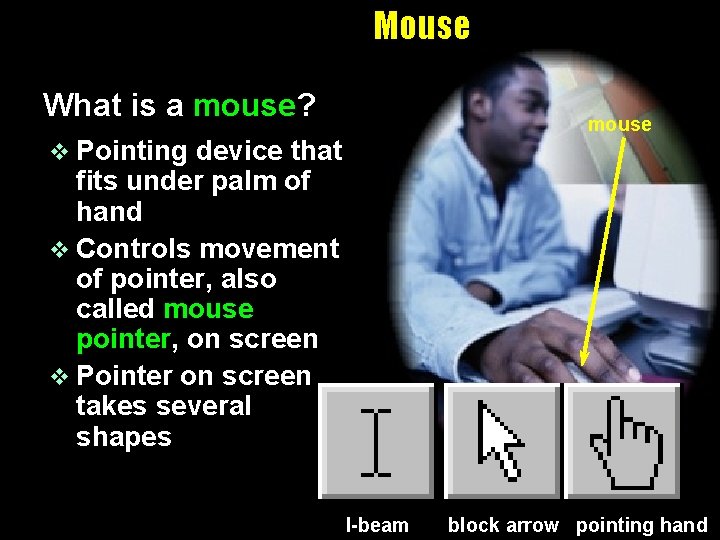 Mouse What is a mouse? mouse v Pointing device that fits under palm of