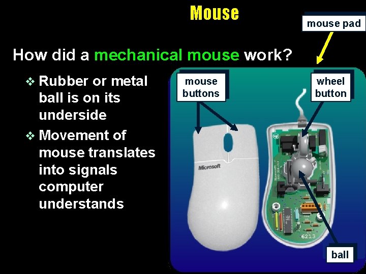 Mouse mouse pad How did a mechanical mouse work? v Rubber or metal ball