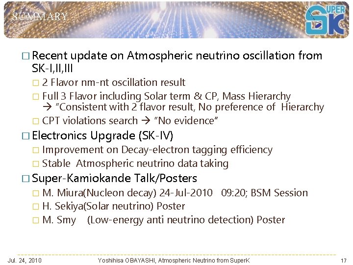 SUMMARY � Recent update on Atmospheric neutrino oscillation from SK-I, III 2 Flavor nm-nt