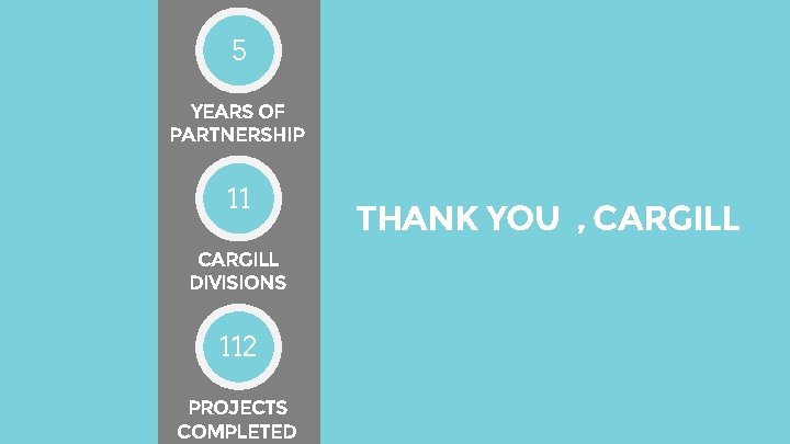 5 YEARS OF PARTNERSHIP 11 CARGILL DIVISIONS 112 PROJECTS COMPLETED THANK YOU , CARGILL