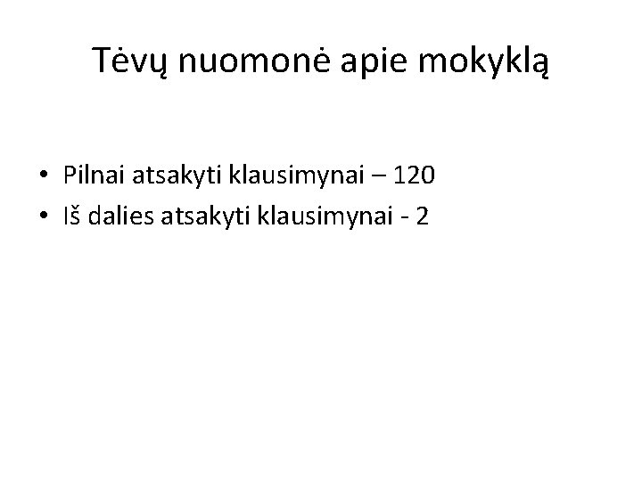 Tėvų nuomonė apie mokyklą • Pilnai atsakyti klausimynai – 120 • Iš dalies atsakyti