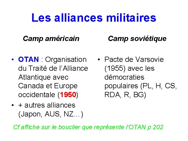 Les alliances militaires Camp américain Camp soviétique • OTAN : Organisation du Traité de