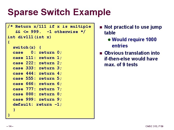 Sparse Switch Example /* Return x/111 if x is multiple && <= 999. -1