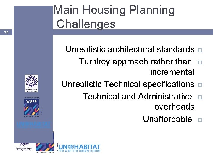 12 Main Housing Planning Challenges Unrealistic architectural standards Turnkey approach rather than incremental Unrealistic