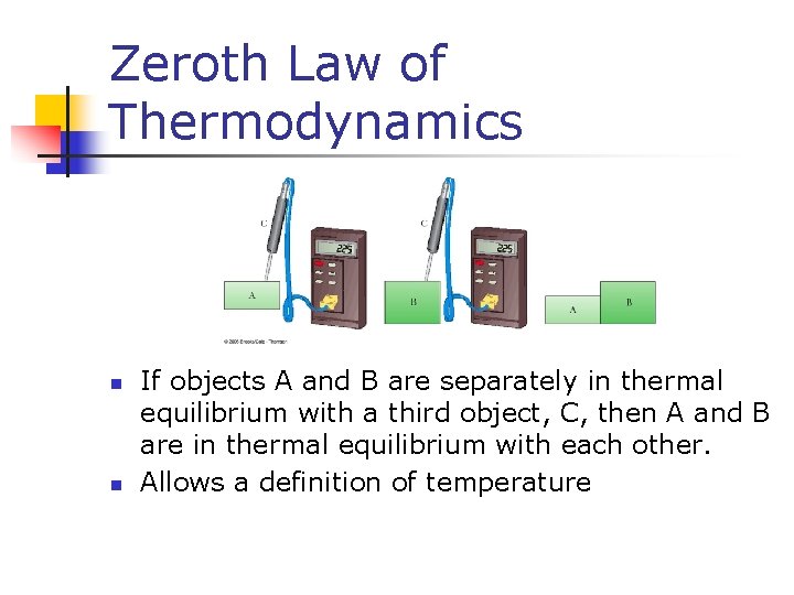 Zeroth Law of Thermodynamics n n If objects A and B are separately in