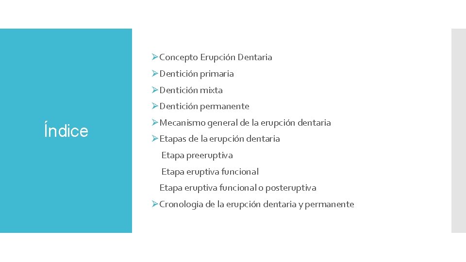 ØConcepto Erupción Dentaria ØDentición primaria ØDentición mixta ØDentición permanente Índice ØMecanismo general de la