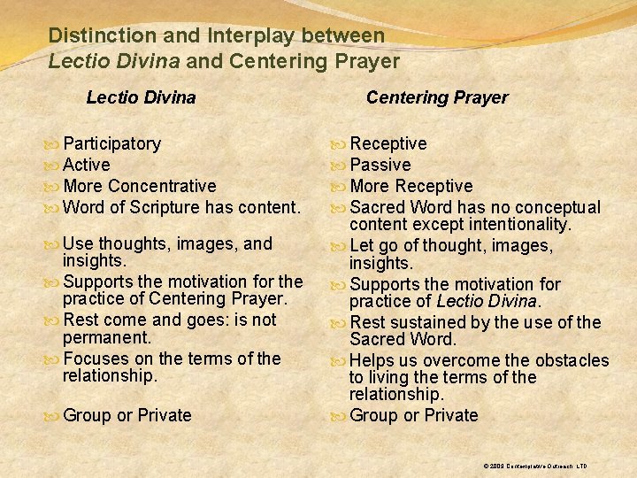 Distinction and Interplay between Lectio Divina and Centering Prayer Lectio Divina Participatory Active More