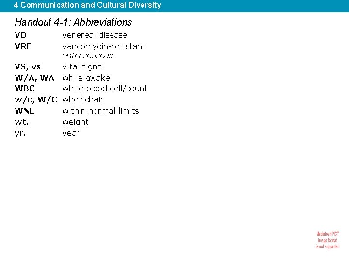 4 Communication and Cultural Diversity Handout 4 -1: Abbreviations VD VRE venereal disease vancomycin-resistant