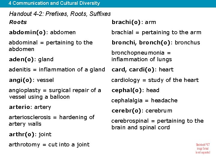 4 Communication and Cultural Diversity Handout 4 -2: Prefixes, Roots, Suffixes Roots brachi(o): arm