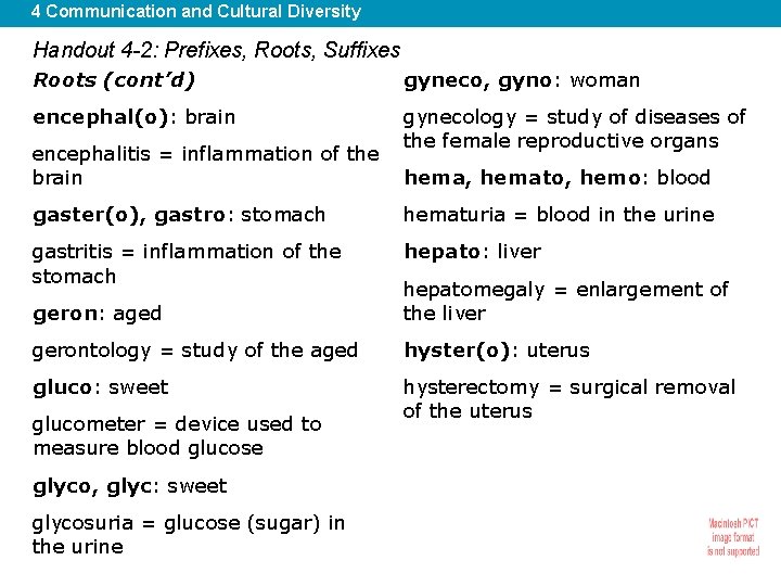 4 Communication and Cultural Diversity Handout 4 -2: Prefixes, Roots, Suffixes Roots (cont’d) gyneco,