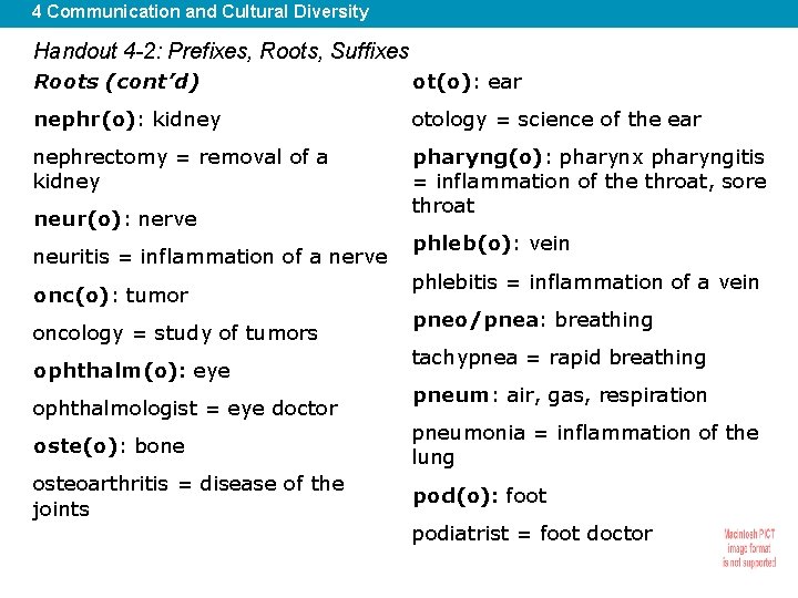 4 Communication and Cultural Diversity Handout 4 -2: Prefixes, Roots, Suffixes Roots (cont’d) ot(o):