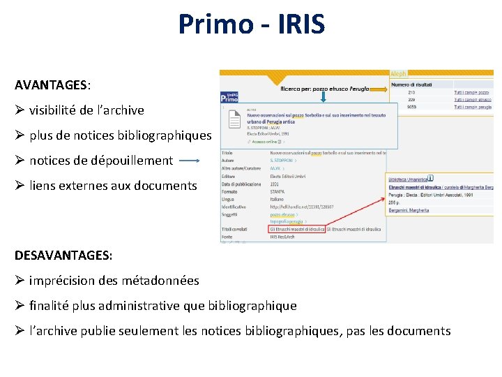 Primo - IRIS AVANTAGES: Ø visibilité de l’archive Ø plus de notices bibliographiques Ø