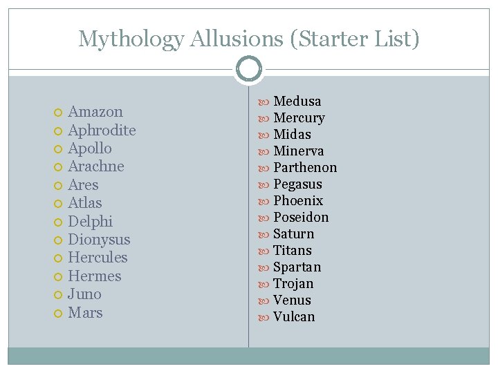 Mythology Allusions (Starter List) Amazon Aphrodite Apollo Arachne Ares Atlas Delphi Dionysus Hercules Hermes