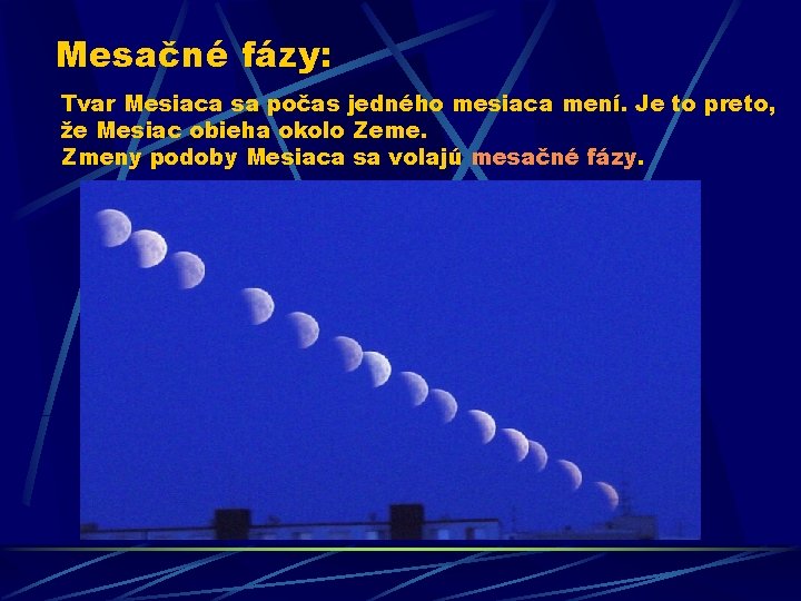Mesačné fázy: Tvar Mesiaca sa počas jedného mesiaca mení. Je to preto, že Mesiac