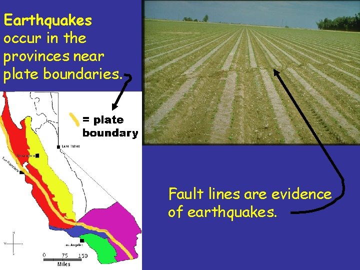 Earthquakes occur in the provinces near plate boundaries. Fault lines are evidence of earthquakes. Earthquakes occur in the provinces near plate boundaries. Fault lines are evidence of earthquakes.