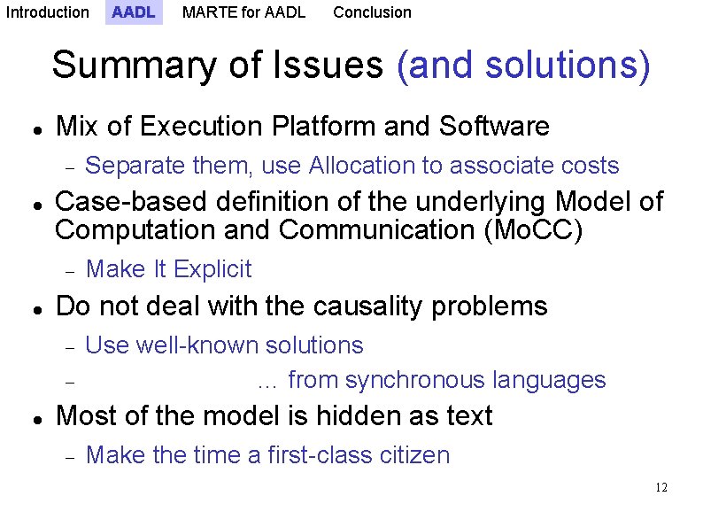 Introduction AADL MARTE for AADL Conclusion Summary of Issues (and solutions) Mix of Execution