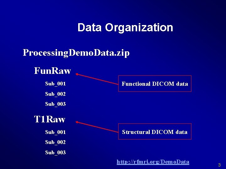 Data Organization Processing. Demo. Data. zip Fun. Raw Sub_001 Functional DICOM data Sub_002 Sub_003