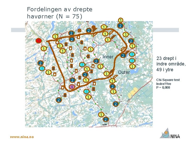 Fordelingen av drepte havørner (N = 75) 5 1 1 2 3 2 1