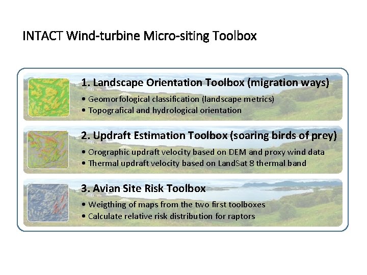 INTACT Wind-turbine Micro-siting Toolbox 1. Landscape Orientation Toolbox (migration ways) • Geomorfological classification (landscape