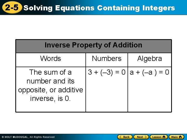 2 -5 Solving Equations Containing Integers Inverse Property of Addition Words Numbers Algebra The