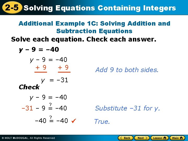 2 -5 Solving Equations Containing Integers Additional Example 1 C: Solving Addition and Subtraction