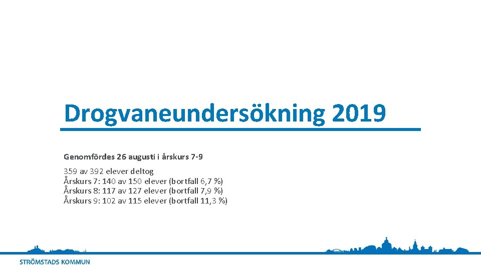 Drogvaneundersökning 2019 Genomfördes 26 augusti i årskurs 7 -9 359 av 392 elever deltog