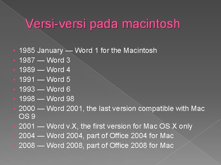 Versi-versi pada macintosh • • • 1985 January — Word 1 for the Macintosh