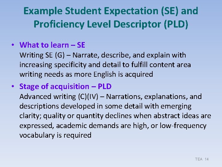 Example Student Expectation (SE) and Proficiency Level Descriptor (PLD) • What to learn – Example Student Expectation (SE) and Proficiency Level Descriptor (PLD) • What to learn –
