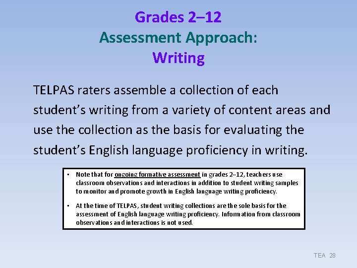 Grades 2– 12 Assessment Approach: Writing TELPAS raters assemble a collection of each student’s Grades 2– 12 Assessment Approach: Writing TELPAS raters assemble a collection of each student’s
