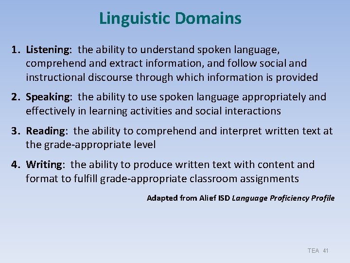 Linguistic Domains 1. Listening: the ability to understand spoken language, comprehend and extract information, Linguistic Domains 1. Listening: the ability to understand spoken language, comprehend and extract information,