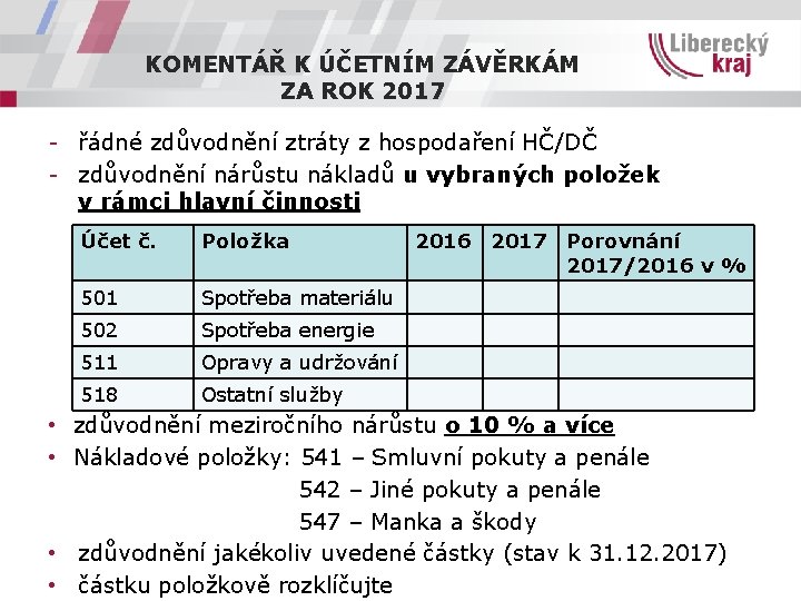 KOMENTÁŘ K ÚČETNÍM ZÁVĚRKÁM ZA ROK 2017 - řádné zdůvodnění ztráty z hospodaření HČ/DČ