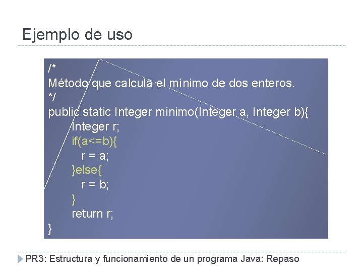 Ejemplo de uso /* Método que calcula el mínimo de dos enteros. */ public