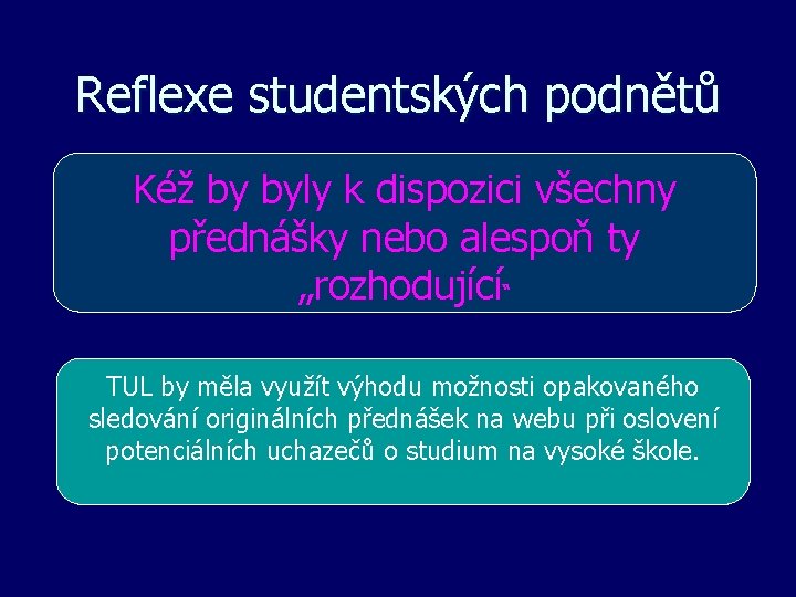 Reflexe studentských podnětů Kéž by byly k dispozici všechny přednášky nebo alespoň ty „rozhodující“