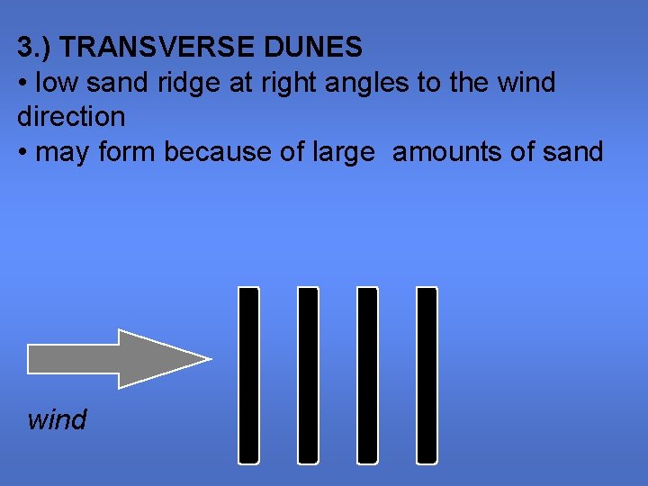 3. ) TRANSVERSE DUNES • low sand ridge at right angles to the wind