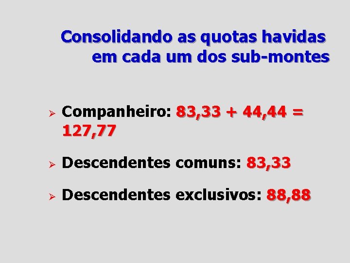 Consolidando as quotas havidas em cada um dos sub-montes Ø Companheiro: 83, 33 +