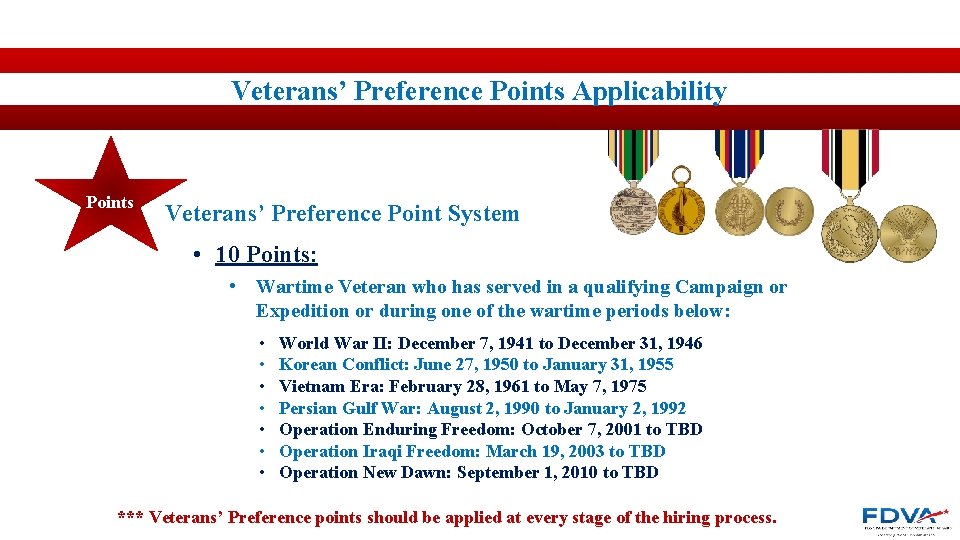 Veterans’ Preference Points Applicability Points Veterans’ Preference Point System • 10 Points: • Wartime