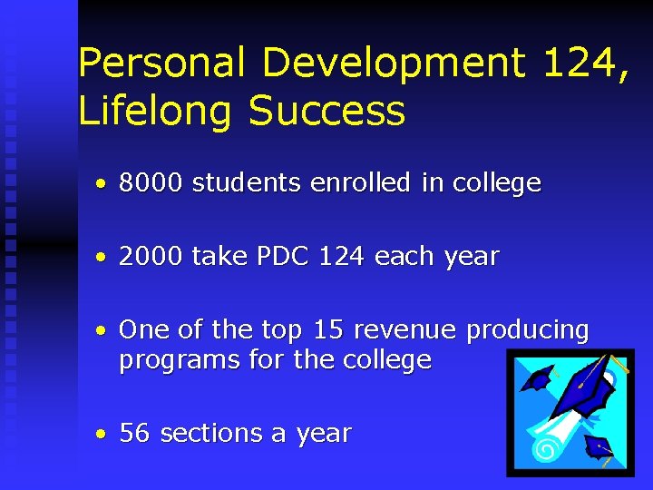 Personal Development 124, Lifelong Success • 8000 students enrolled in college • 2000 take