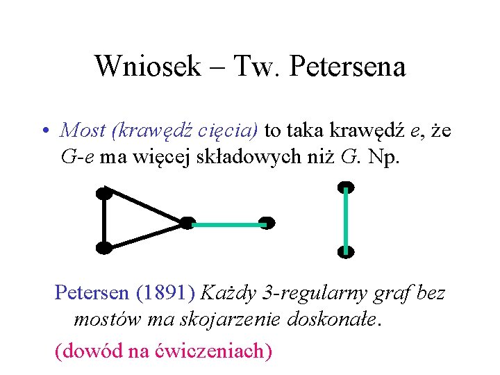 Wniosek – Tw. Petersena • Most (krawędź cięcia) to taka krawędź e, że G-e