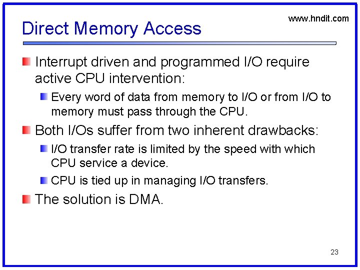 Direct Memory Access www. hndit. com Interrupt driven and programmed I/O require active CPU