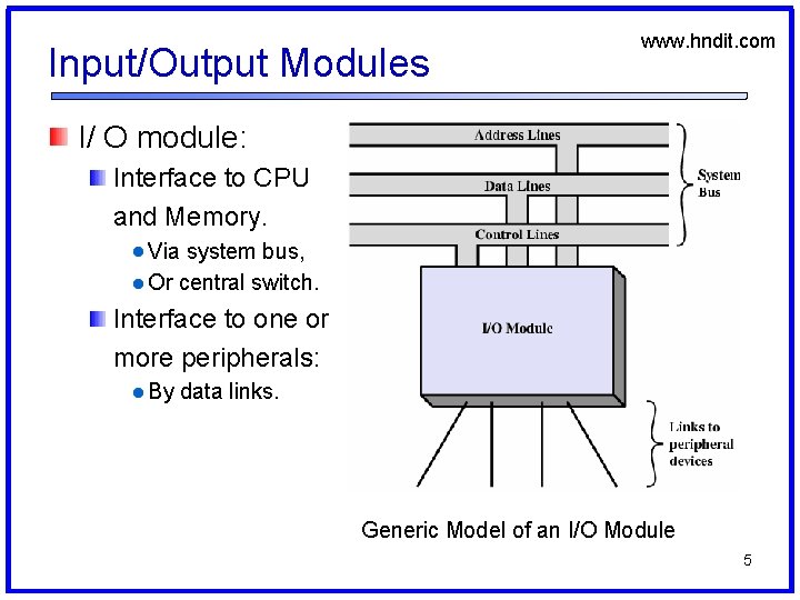 Input/Output Modules www. hndit. com I/ O module: Interface to CPU and Memory. Via