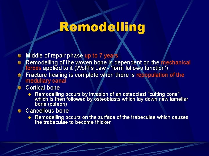 Remodelling Middle of repair phase up to 7 years Remodelling of the woven bone